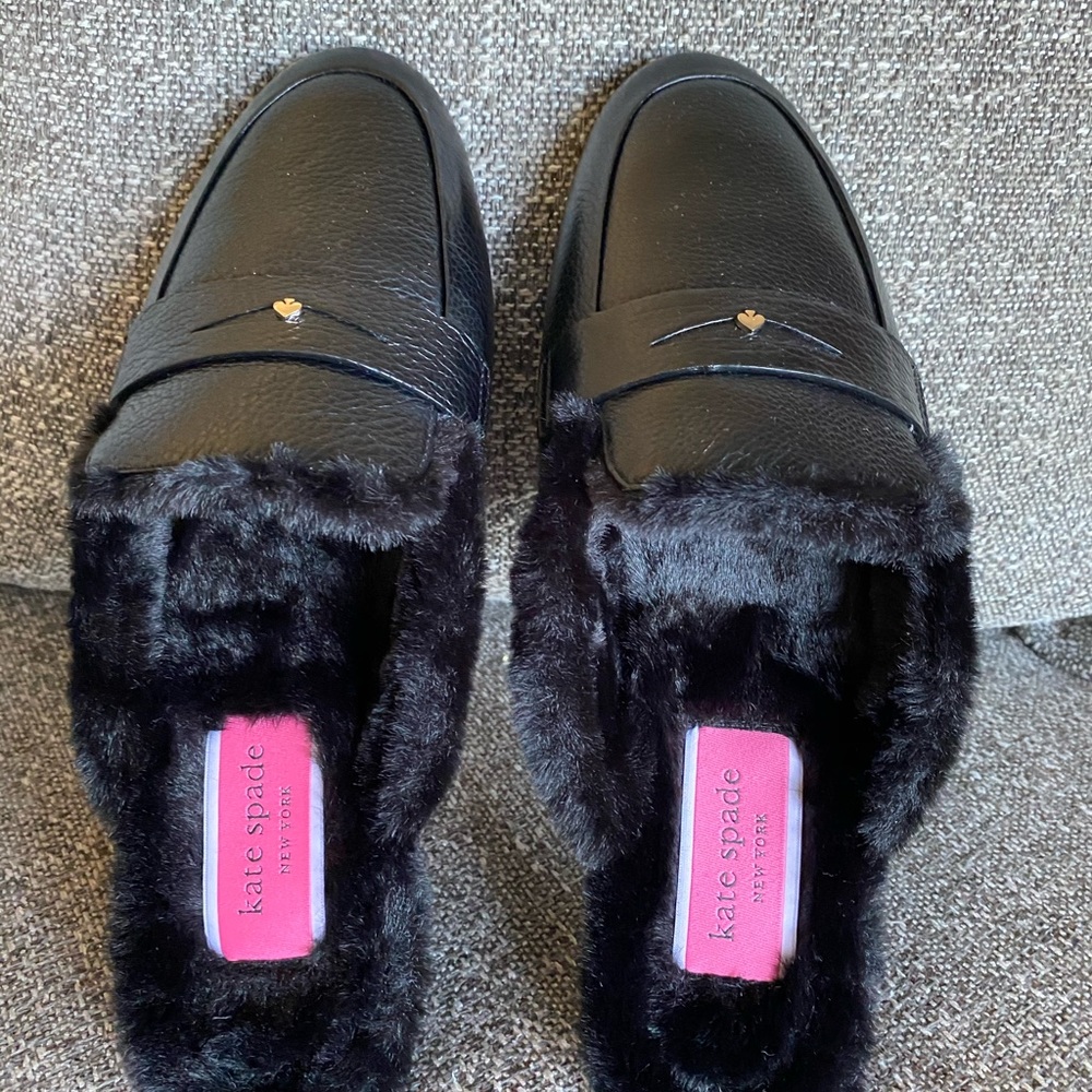 NWT Kate Spade Fur Lined Leather Slides, Black, size 7.5 - Picture 6 of 10